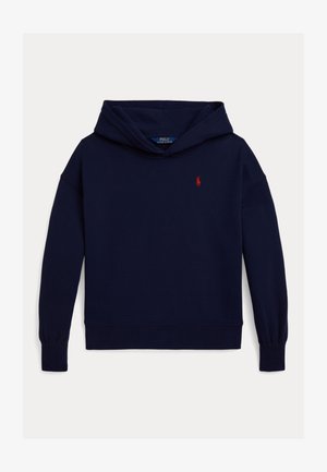 Sötétkék kapucnis pulóver, pamut keverékből készült, elöl kenguruzsebbel, bordás mandzsettával és hímzett piros logóval a mellkasán.