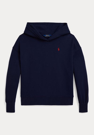 Námornícky modrá mikina z bavlněné směsi, s přední kapsou ve stylu "kangaroo", žebrovanými manžetami a vyšitým červeným logem na hrudi.