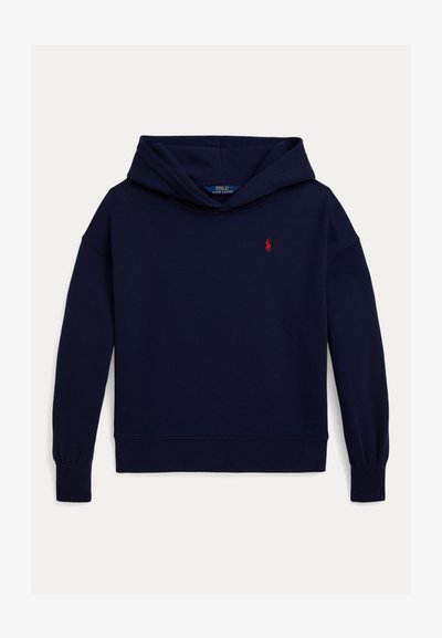 Námornícky modrá mikina z bavlněné směsi, s přední kapsou ve stylu "kangaroo", žebrovanými manžetami a vyšitým červeným logem na hrudi.