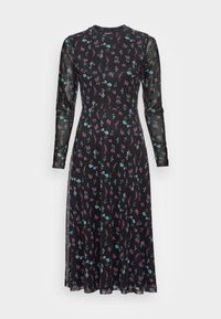 Schwarzes, langärmliges Kleid mit floralem Muster, das mehrfarbige Blumen zeigt. Hergestellt aus leichtem Stoff, mit tailliertem Schnitt und schwingendem Rock.