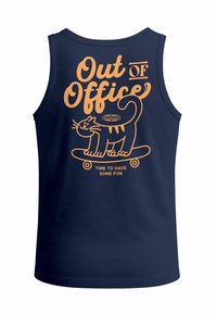 Navy blue tank top with orange graphic text "Out of Office" and a cartoon cat on a skateboard. Smooth fabric, sleeveless design.
