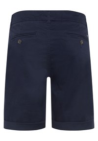 Dunkelblaue Shorts aus Baumwollmischgewebe, mit zwei Gesäßtaschen mit Knopfverschluss und einem umgeschlagenen Saumdesign.