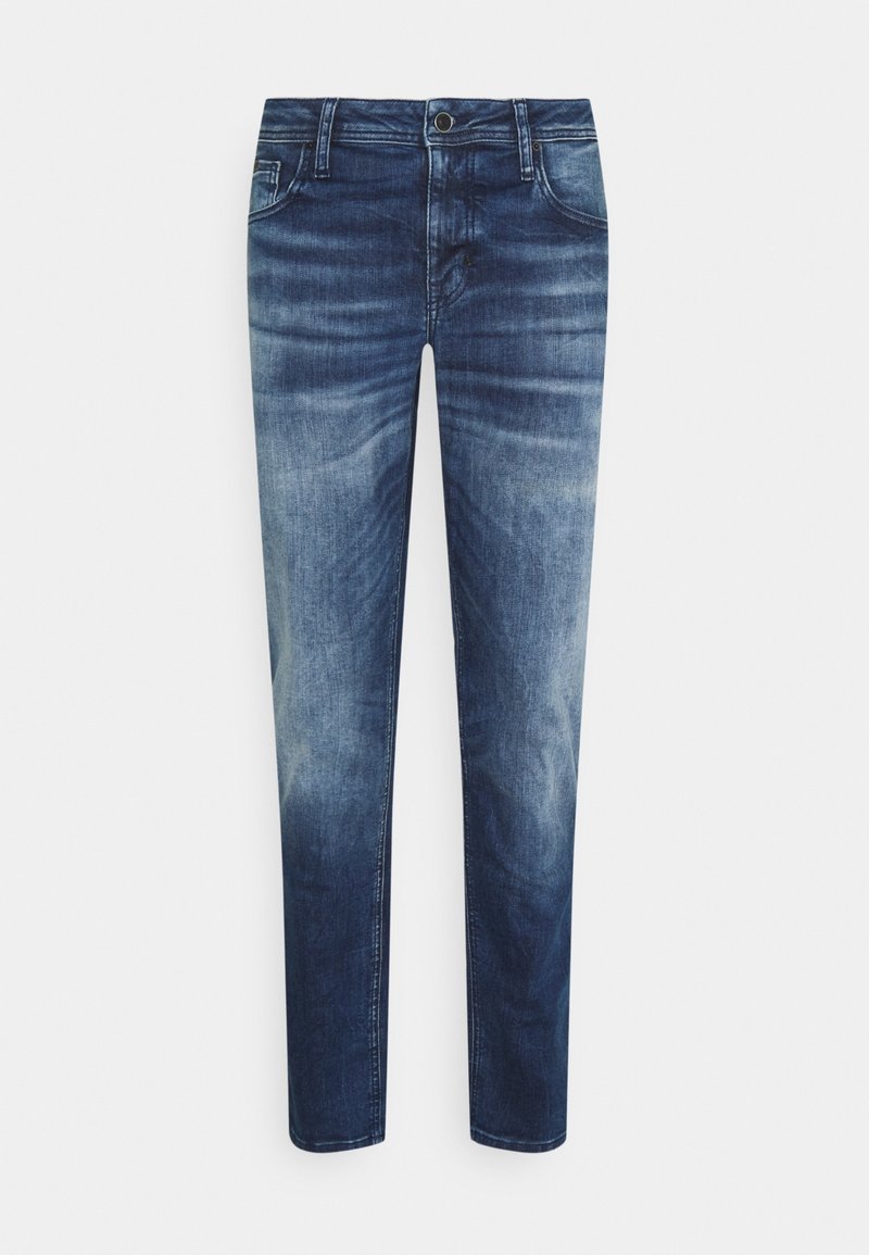 Jean slim bleu délavé avec poches avant, passants de ceinture et fermeture à bouton à la taille, présenté sur fond blanc.