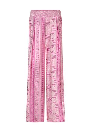 Roze-witte broek met wijde pijpen, verticale bloemen- en streeppatronen en plooien bij de taille.