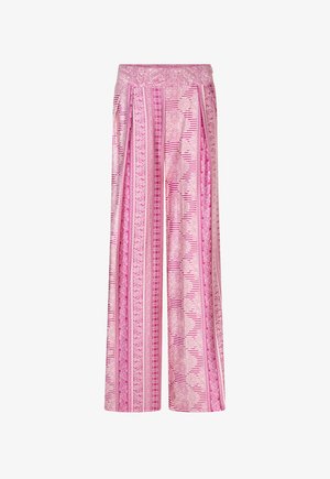 Ružičasto-bijele široke hlače s vertikalnim cvjetnim i prugastim uzorcima te naborima u struku.
