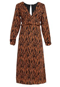 Abito midi a maniche lunghe con motivo a strisce di tigre nero e arancione, scollatura a V con apertura a chiave e dettaglio arricciato in vita.