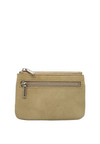 Portefeuille en cuir beige avec une surface texturée et une poche zippée. Caractéristiques en métal argenté et design minimaliste.