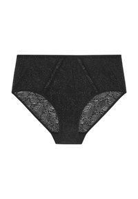 Schwarze Spitzenunterhose mit floralem Muster, Netz-Einsätzen an den Seiten, hoher Taille und glattem Bund.