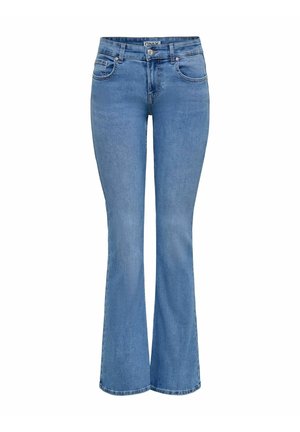 Jean en denim bleu clair taille haute avec un léger évasement au niveau des jambes, fermeture bouton et zip à l'avant, et design cinq poches.