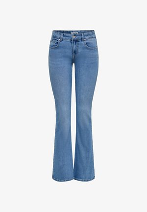 Jean en denim bleu clair taille haute avec un léger évasement au niveau des jambes, fermeture bouton et zip à l'avant, et design cinq poches.