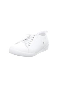 White sneaker with a smooth leather upper, round toe, and white rubber sole. Silver eyelets and matching laces. Minimalistic design.