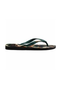 Flip-flop con cinghie verde scuro e una soletta a motivo camouflage multicolore, suola nera texturizzata per una buona aderenza.