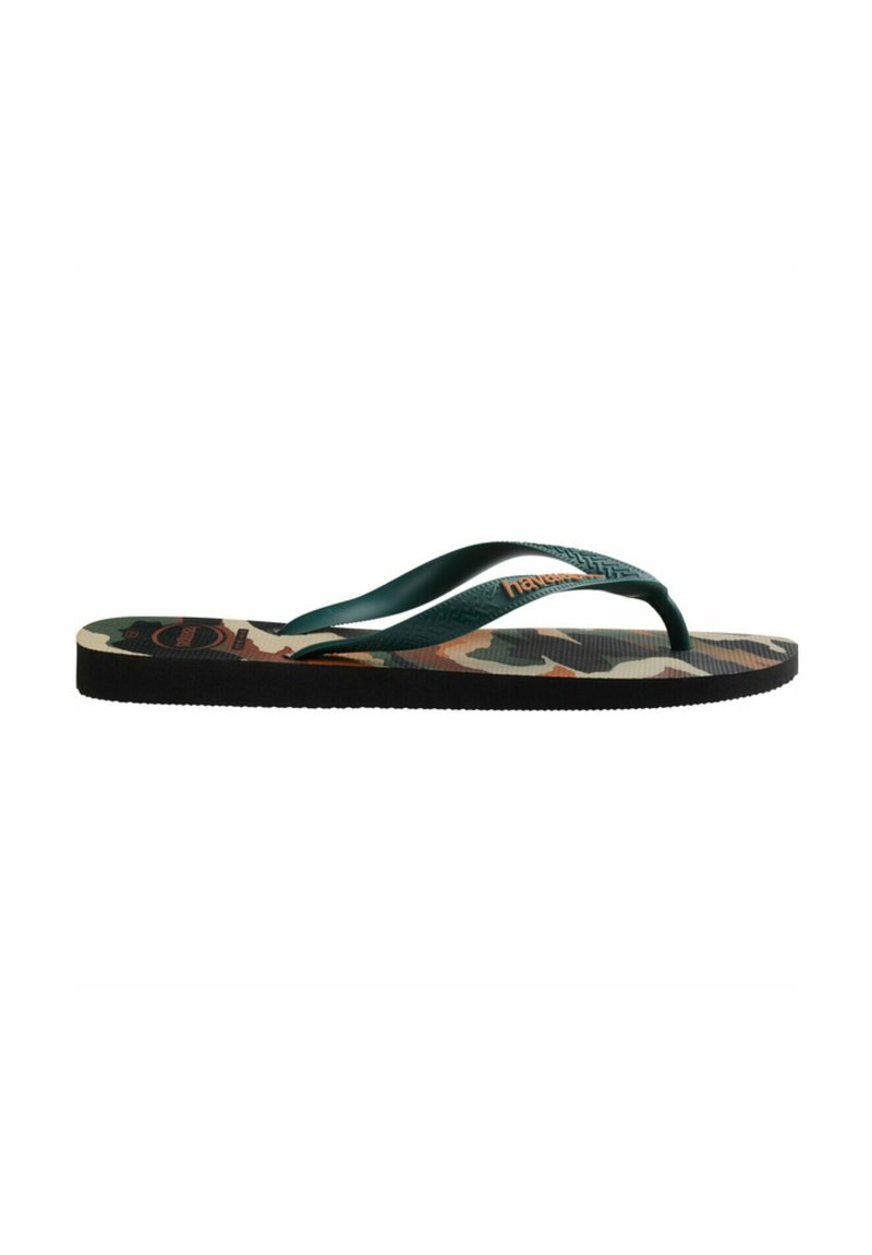 Flip-flop con cinghie verde scuro e una soletta a motivo camouflage multicolore, suola nera texturizzata per una buona aderenza.