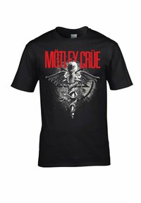 Černé bavlněné tričko s grafikou křídlaté lebky a hada, s nápisem "MÖTLEY CRÜE" tištěným tučným červeným písmem nahoře.