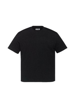 T-shirt noir uni à manches courtes avec col rond et coupe décontractée.