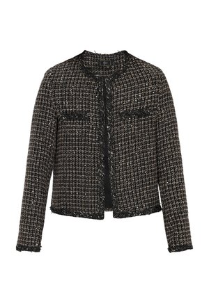 Fekete és krémszínű tweed zakó, rövidített fazonnal, bojt részletezéssel és két elülső zsebbel. Kerek nyakkal és nyitott elülső résszel rendelkezik.
