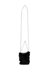 Borsa a mano nera con paillettes, di forma rettangolare, con tracolla in catena argentata e dettagli a texture ondulata. Presenta un design minimalista.