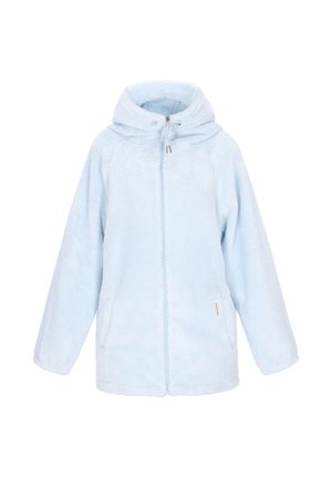 Jasnoniebieska bluza polarowa z kapturem, zamkiem z przodu i dwoma bocznymi kieszeniami. Miękka w dotyku, o casualowym kroju, z małą metką marki na dole.