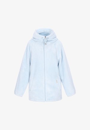 Jasnoniebieska bluza polarowa z kapturem, zamkiem z przodu i dwoma bocznymi kieszeniami. Miękka w dotyku, o casualowym kroju, z małą metką marki na dole.