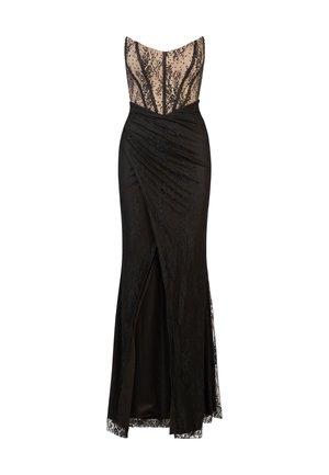 Schwarzes Abendkleid mit einem strukturierten Spitzenoberteil, Herz-Ausschnitt und einem körperbetonten Rock mit gewickeltem Design und seitlichem Schlitz.