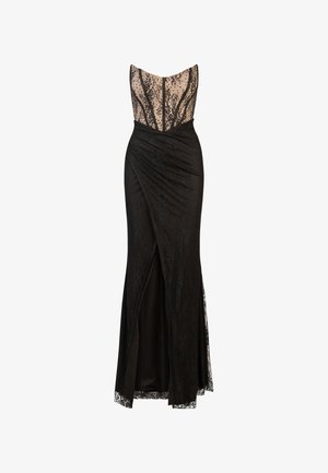 Schwarzes Abendkleid mit einem strukturierten Spitzenoberteil, Herz-Ausschnitt und einem körperbetonten Rock mit gewickeltem Design und seitlichem Schlitz.
