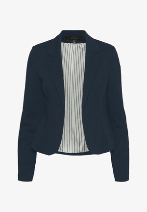 Tumši zili sieviešu žakete ar garām piedurknēm, ar iegrieztu apkakli un baltu iekšējo oderi, kas rotāta ar vertikālām tumši zilām svītrām.