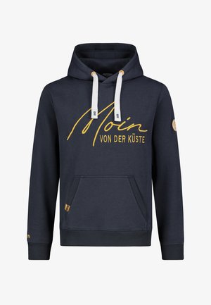 Marineblauwe sweatshirt met capuchon, witte trekkoorden, gouden tekst "Moin von der Küste", voorvak, geribbelde manchetten en onderzoom, zachte stof.