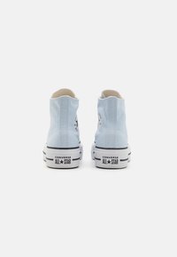 Pár světle modrých vysokých Converse All Star sneakers zobrazených zezadu na bílém pozadí.