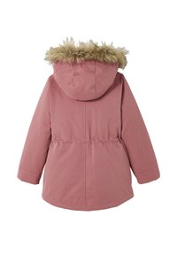 Pink parka jacket with fur-trimmed hood, cinched waist, and long sleeves. Smooth fabric and mid-length design with back seam details.