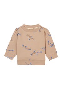 Sweatshirt marron clair avec un imprimé animal bleu et beige. Il a un col rond, des manches longues et un bouton-pression à l'épaule. Texture douce.