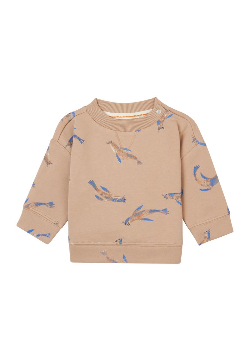Sweatshirt marron clair avec un imprimé animal bleu et beige. Il a un col rond, des manches longues et un bouton-pression à l'épaule. Texture douce.