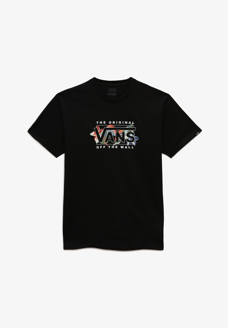 T-shirt noir Vans avec le texte « THE ORIGINAL VANS OFF THE WALL » et un motif floral coloré à l’intérieur du logo Vans au centre devant.