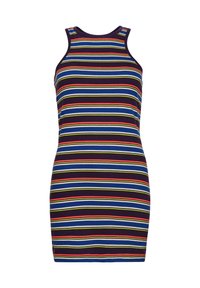 Ärmelloses Kleid mit figurbetonter Silhouette, gestaltet mit vertikalen Streifen in Lila, Blau, Rot, Gelb und Grün auf dunklem Hintergrund.