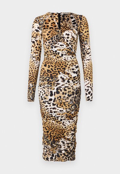 Long-sleeve dress in a leopard print pattern with ruched detailing and a round neckline. Made from a stretchy fabric, featuring a back zipper.
