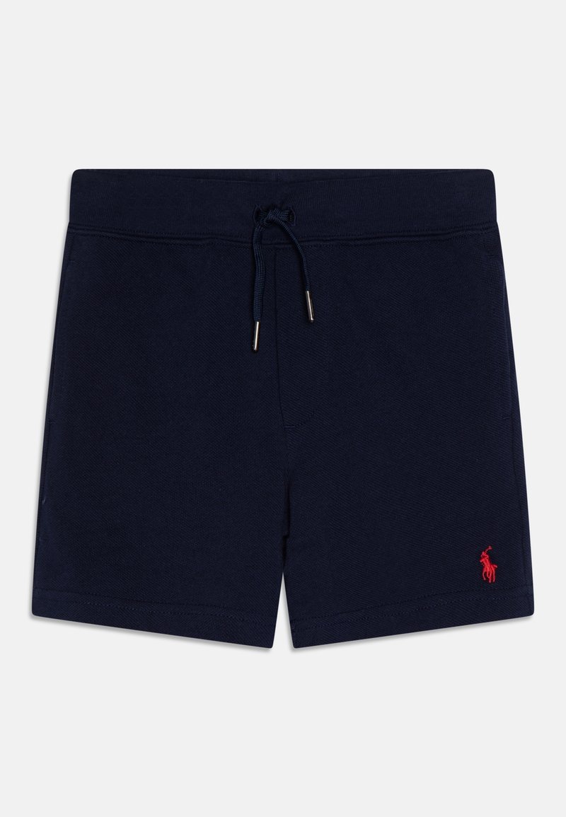 Short bleu marine avec taille à cordon et petit logo rouge brodé sur la partie inférieure droite de la jambe.