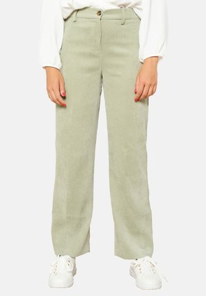 Pantaloni in corduroy verde chiaro con design a gamba dritta, caratterizzati da una texture a righe verticali e una chiusura con bottone in vita.