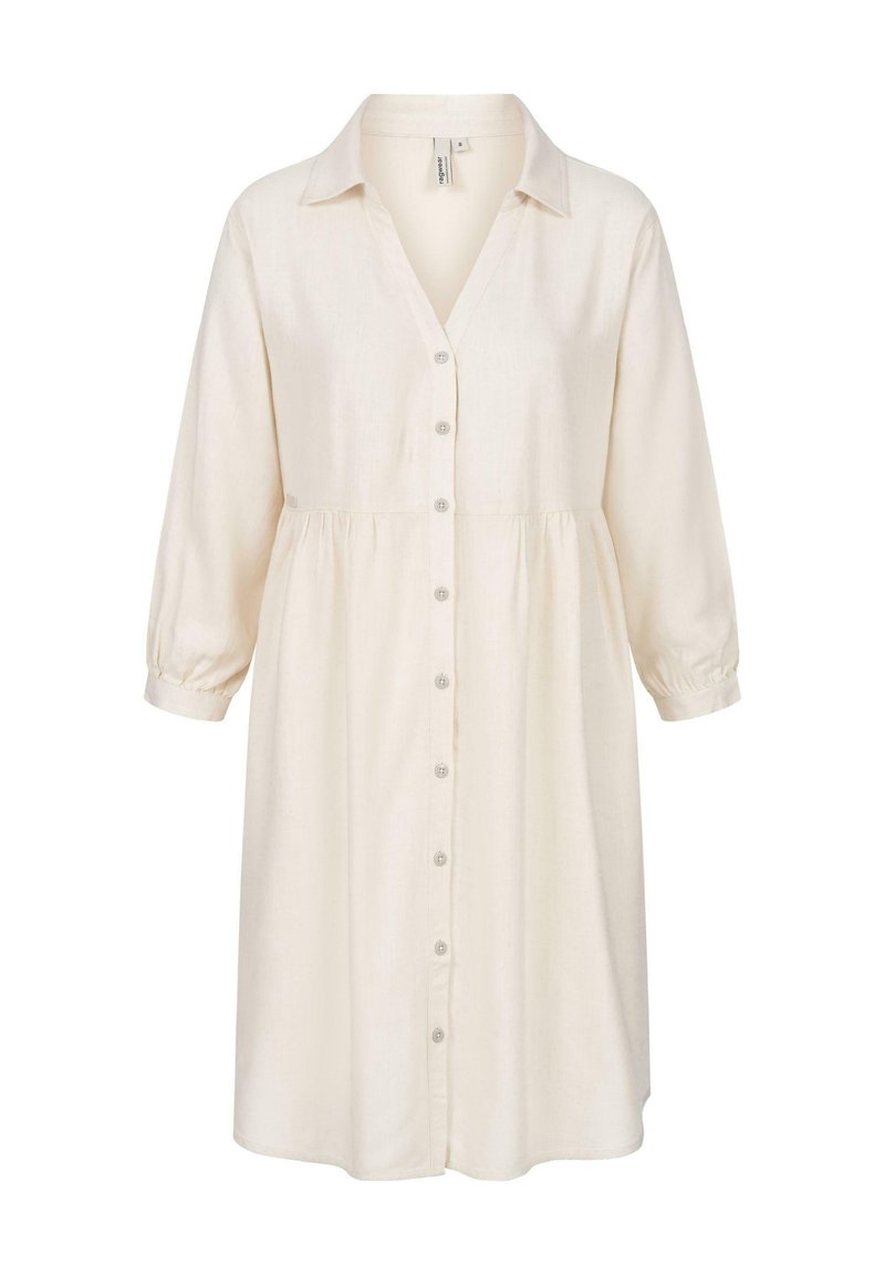 Abito in lino di colore avorio, con chiusura a bottoni sul davanti, colletto e maniche a tre quarti con polsini elastici. Dettaglio in vita arricciato.