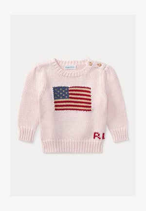 Ροζ ανοιχτό χρώμα πλεκτό μωρουδιακό πουλόβερ με μοτίβο την αμερικανική σημαία στο μπροστινό μέρος και δύο κουμπιά στον αριστερό ώμο.