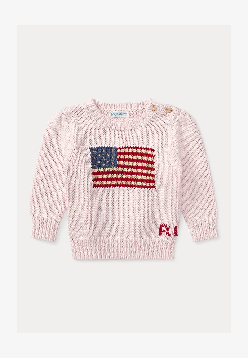 Pulover tricotat pentru bebeluși, de culoare roz deschis, cu model cu steagul american pe față și doi nasturi pe umărul stâng.