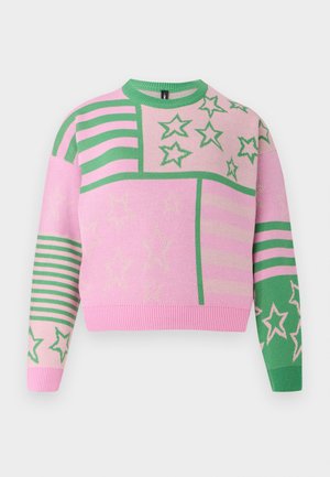 Pink sweater with green and light pink star and stripe patterns. Ribbed round neckline and cuffs. Cropped design with soft texture.