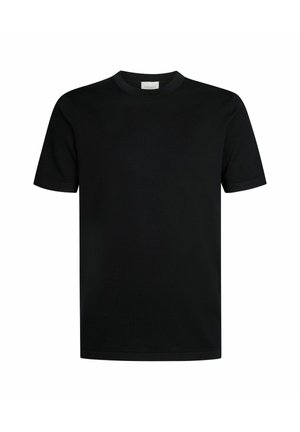 Czarna bawełniana koszulka z krótkimi rękawami, okrągłym dekoltem i gładką fakturą. Brak wzorów czy akcentów, zapewniająca minimalistyczny design.
