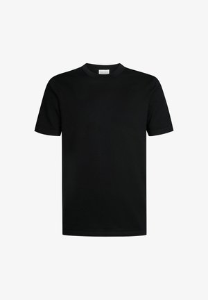 Czarna bawełniana koszulka z krótkimi rękawami, okrągłym dekoltem i gładką fakturą. Brak wzorów czy akcentów, zapewniająca minimalistyczny design.