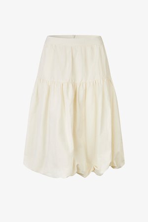 Gonna color avorio lunga fino al ginocchio con balze arricciate, orlo a palloncino e chiusura con zip nascosta sul retro.