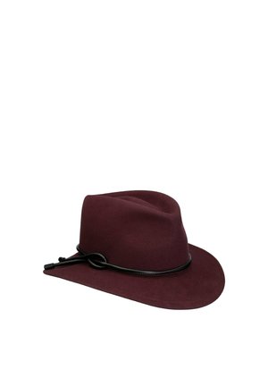 Burgundy felt fedora hat with a black leather cord tied in a knot around the base of the crown.