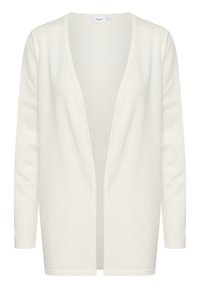 Öppen framtill, långärmad, krämfärgad stickad cardigan med en medelstor etikett inuti halsringningen.