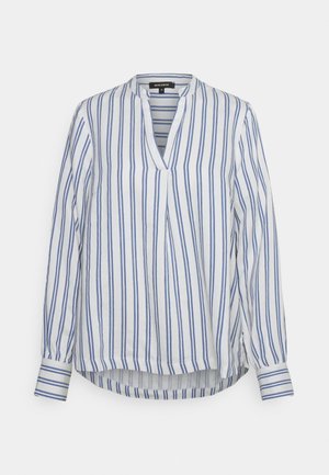 Valkoinen pitkähihainen paita pystysuorilla sinisillä raidoilla, V-kaula-aukolla ja napillisilla kalvosimilla, koko 36, valkoisella taustalla esitettynä.