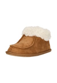 Ruske nubuk slipperit valkoisella tekoturkiskuosisella reunuksella, pyöreä muoto ja pehmeä pohja mukavuutta varten. Ompeleet ja pehmeä pinta.