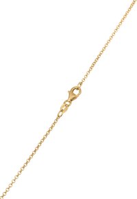 Guld kædehalssmykke med en lobster clasp, delikate led, glat tekstur og ensartet rund form. Ingen yderligere mønstre eller accenter.