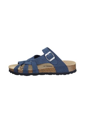 Navy blue open-toe sandal with woven straps, adjustable silver buckle, cork footbed, and black textured rubber sole.