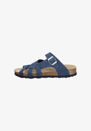 Navy blue open-toe sandal with woven straps, adjustable silver buckle, cork footbed, and black textured rubber sole.